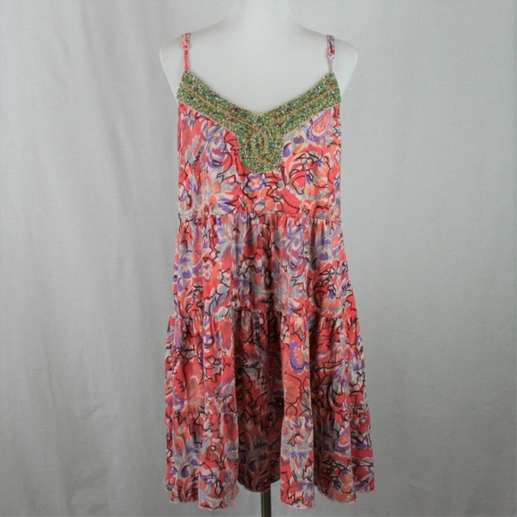 Free People Dresses & Skirts - Free People Tiered Boho Beaded Floral Slip Dress